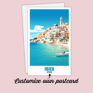 Postal de Ibiza, postal personalizada, postal de viaje con mapa de Ibiza, España, regalo, postal de vacaciones para amigos y familiares. mapa de viaje