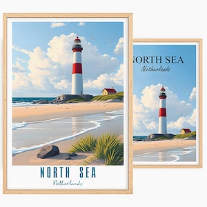 Nordsee Poster, Personalisiertes Nordsee Reiseposter, Niederlande Vintage Poster, Leuchtturm Illustration, Wandbild, Dekoration Wandkunst
