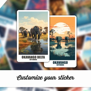 May include: Two vintage-style travel posters featuring elephants in the Okavango Delta, Botswana. The top poster shows a group of elephants walking through a shallow body of water, while the bottom poster shows two elephants standing in a lake at sunset. Both posters have a retro, travel-inspired design.