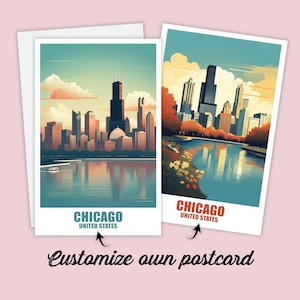Postal de Chicago, postal personalizada de Chicago, postal de viaje con mapa de Estados Unidos, postal de vacaciones para amigos y familiares, mapa de Chicago