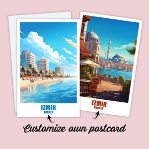 Postal de Esmirna, postal personalizada de Esmirna, postal de viaje con mapa de Turquía, postal de vacaciones para amigos y familiares, mapa de Turquía