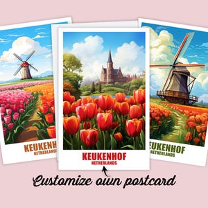 Postal de Keukenhof, postal personalizada, postal de viaje con mapa de Keukenhof, Países Bajos, regalo, postal de vacaciones para amigos y familiares