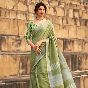 Soft Linen Cotton Saree with Traditional Khadi Weave, Designer Tassel Pallu & Unstitched Blouse Piece