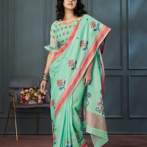 Elegant Handloom Linen Saree Collection Featuring Artistic Thread Weaving, Contrast Borders, Floral Buttas, Soft Drape & Unstitched Blouse