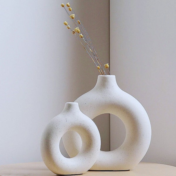 Creative Donut Ceramic Vase Floral Ornament Nordic Circular Hollow Flowerpot Home Desktop Living Room Interior Decor Set