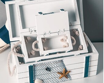 3in1 Mediterranean Wooden Storage Box Home Decor Jewelry Box 3 Sizes Marine Seabird Starfish HNA Treasure Box Baby Room Decor