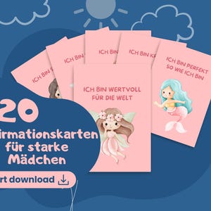 Pode incluir: Um conjunto de 20 cartões de afirmação rosa para meninas, com texto em alemão e ilustrações de uma sereia e uma fada. Os cartões incluem frases como "Ich bin wertvoll für die Welt" e "Ich bin perfekt so wie ich bin."