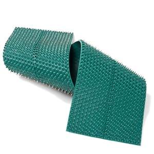 May include: A green acupressure mat with a textured surface and rows of small, raised points. The mat is rolled up and partially unrolled, showing the texture and points.