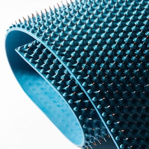 May include: A blue acupressure mat with rows of small, pointed plastic spikes. The mat is rolled up, showing the underside.