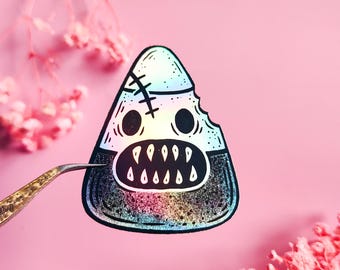 Holografische stickers "Creepy Candy Corn" laptopstickers, donker esthetisch cadeau, halloween, gothic decor, raar, griezelig