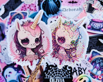 Glossy Holographic Sticker "Creepy Sad Unicorn" Goth, Dark Kawaii, Emo, Harajuku, Yami Kawaii, Creepy Cute