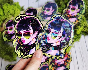 "Glänzender Holo-Aufkleber ""Spooky Girl"" Gothic, Vampir, Gruselige Kunst, Emo, Harajuku, Pastel Goth."