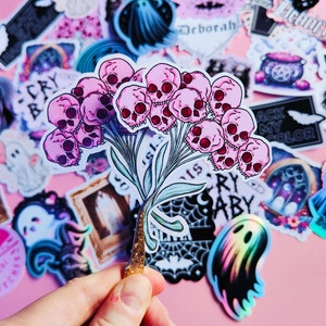 Glossy Holo-Sticker &quot;&quot;Skull Pink Flowers&quot;&quot; Gothic, Kawaii, Creepy Art, Emo, Harajuku, Pastel Goth.&quot;
