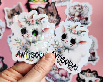 Stickers "Antisocial" Cute Lamb, Dark Humor, Funny, Alternative,Weirdcore,Holographic,Pastel Goth, Animals, Swear Words