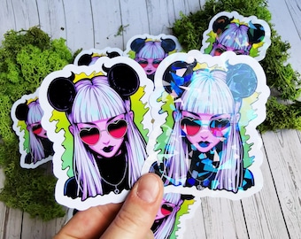 Glossy Holographic Sticker "Spooky Girl" Gothic, Vampire, Creepy Art, Emo, Harajuku, Pastel Goth
