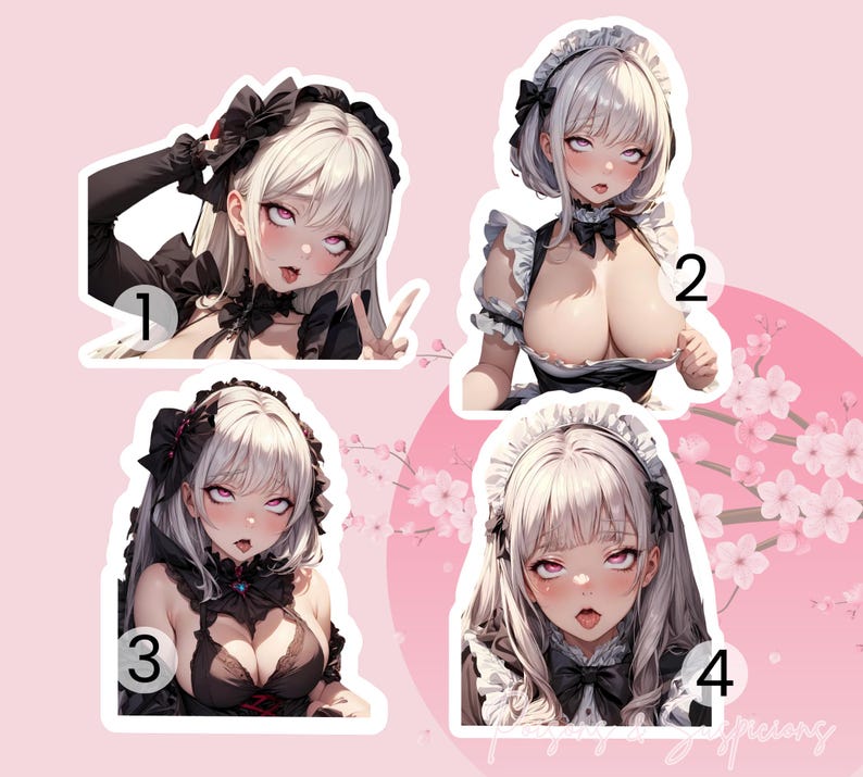 以下が含まれることがあります： 白い髪の女性をアニメスタイルで描いたイラストが4つのステッカーデザイン。各ステッカーには、1から4までの番号が角に付いている。ステッカーは、白い桜の花が咲いたピンクの背景に貼られている。