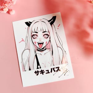 Stickers &quot;Succubus Creepy Ahegao Anime Girl&quot; Polaroid Style, Laptop stickers,Demon Girl, Dark Aesthetic, Yami Kawaii, Gothic, Harajuku