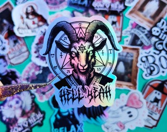 Holographic Stickers "Baphomet Hell Yeah" Laptop stickers, Dark aesthetic Gift, Goth decor, Witchcraft,Occult, Macabre