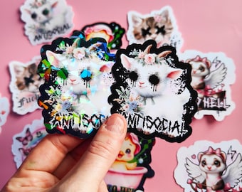 Stickers "Antisocial" Cute Lamb, Dark Humor, Funny, Alternative,Weirdcore,Holographic,Pastel Goth, Animals, Swear Words