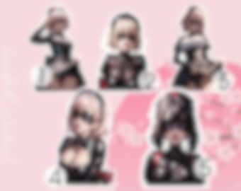 Holografische stickers "geblinddoekt latex animemeisje" pastel goth, ahegao, sexy, waifu, esthetiek, harajuku, yami kawaii