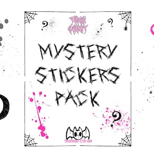 May include: A white background features a black and pink design for a mystery stickers pack. The words "MYSTERY STICKERS PACK" are in a jagged, handwritten font. Pink question marks and splatter designs are scattered around the text, along with spiderwebs and a bat logo.