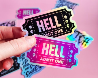 Holographic Stickers "Ticket Hell Admit One" Alternative gift, Creepy, Weirdcore, Creepy, Gothic