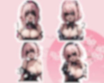 Holografische stickers "geblinddoekt latexmeisje" Ahegao-gezicht, Waifu, volwassen anime, cadeau voor hem, goth, bondage, donkere esthetiek