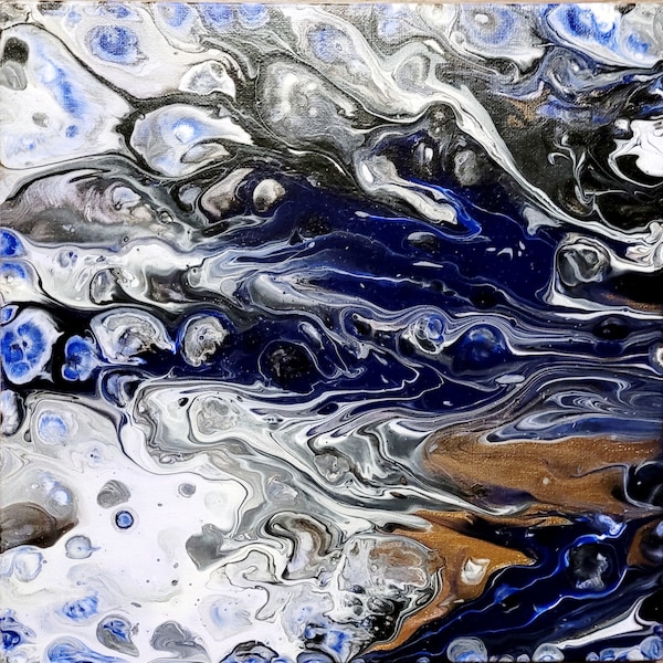 Tableau Fluid Art Bleu Gris et Bronze