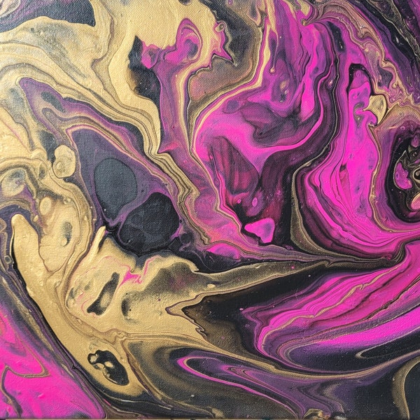 Tableau Fluid Art Rose Noir et Doré