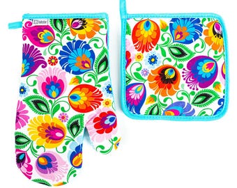 Florale Topflappen Ofenhandschuhe, Polen Folklore Design, 100% Baumwolle Set