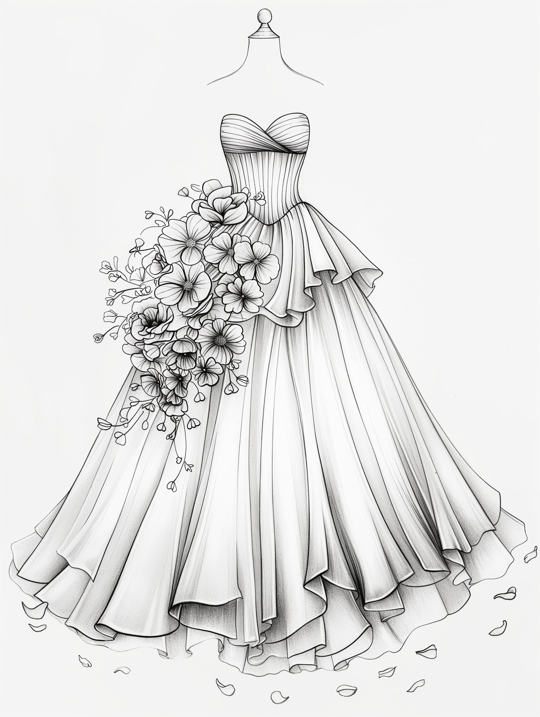 22 Flower Dress Coloring Book, Printable Wedding Fashion Page With