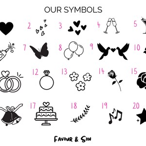 May include: A collection of black and white line art symbols, including hearts, champagne glasses, rings, and a cake. The text "OUR SYMBOLS" is at the top, with "FAVOUR & SON" at the bottom.