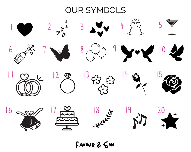 May include: A collection of black and white line art symbols, including hearts, champagne glasses, rings, and a cake. The text "OUR SYMBOLS" is at the top, with "FAVOUR & SON" at the bottom.