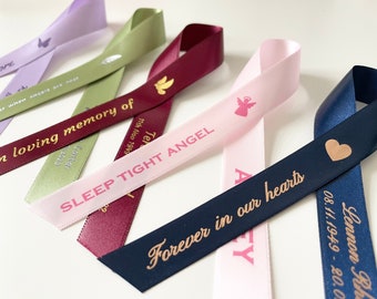 Personalised Memorial Ribbon, Custom Funeral Ribbons, Funeral Favours and Keepsakes Pins