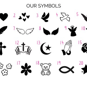 May include: A black and white image showing 20 different symbols. The symbols include a heart, a dove, a butterfly, a feather, angel wings, a cross, a crescent moon, a praying hand, a rose, a flower, a teddy bear, a fish, and a star.