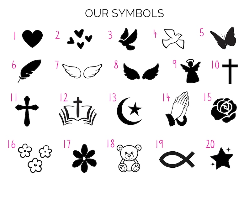 May include: A black and white image showing 20 different symbols. The symbols include a heart, a dove, a butterfly, a feather, angel wings, a cross, a crescent moon, a praying hand, a rose, a flower, a teddy bear, a fish, and a star.