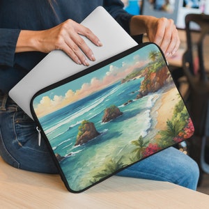 Island Beach Landscape Laptop Sleeve For Beach Goers And Travelers, Marine Geographer Tablet Case, Naturalist Ecologist Travel Protector