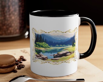 River Forest Landscape Accent Coffee Mug 11oz, Park Ranger Forester Brew Cup, Ecologist Environmentalist Toothbrush Coin Bank Ceramic Mug