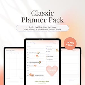 May include: A digital Classic Planner Pack featuring daily, weekly, and monthly pages with Monday and Sunday start layouts. The interface displays a schedule, top priorities, to-do lists, and a heart-shaped graphic with text, plus bonus covers.
