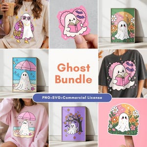 Ghost Bundle PNG SVG, Boujee Beach Autumn Floral Bookish Ghosts, Cute Halloween Clipart Set Digital Download