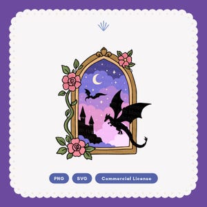 Könnte beinhalten: Eine digitale Illustration eines bogenförmigen Fensterrahmens mit einem Nachthimmel, einer Mondsichel, Sternen, der Silhouette einer Burg und zwei schwarzen Drachen. Rosa Rosen und grüne Ranken ranken sich an der linken Seite des Rahmens empor. Text: PNG, SVG, Commercial License.