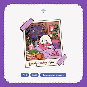 May include: A square polaroid-style illustration featuring a white ghost reading a pink book in bed. The scene includes a mug with a ghost, stacked books, a pumpkin, and a jack-o'-lantern. The text reads Spooky reading night.