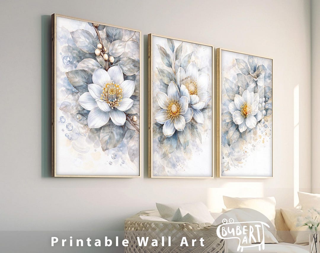 Neutral Floral Wall Art Printable Watercolor Botanical Set of 3 Digital ...