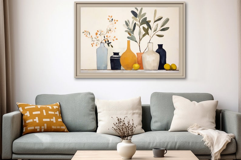 May include: A framed painting of a still life with a variety of vases and lemons. The vases are in shades of blue, white, and yellow, and the lemons are yellow. The painting is set against a white background.
