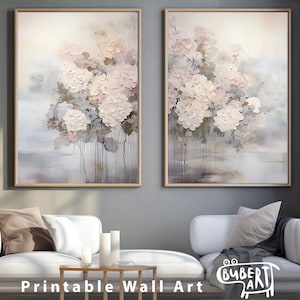 Weiße Hortensienblüten 2-er Set Druckbare Blumenposter Neutrale Farben Hortensienmalerei Fine Art Gedämpfte Töne Botanische Innenwandkunst