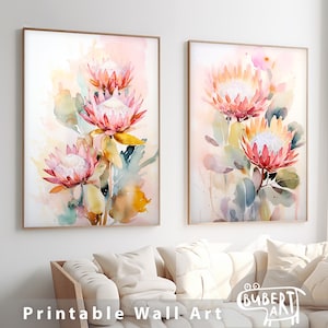 Protea Watercolor Painting Set of 2 Print Botanical Wall Art Printable Protea Floral Posters Digital Download Artwork