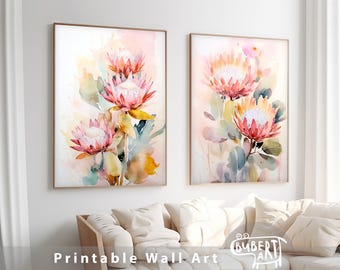 Protea Aquarellmalerei 2er-Set Print Botanische Wandkunst druckbare Protea Florale Poster Digitaler Download Kunstwerk