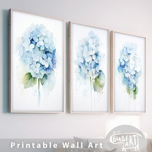 Hydrangea Watercolor Painting Modern Minimal Gallery Wall Art Set of 3 Blue Floral Art Decor Bedroom Wall Art Living Room Printable Art