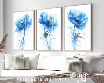 Impresiones de pintura de amapolas azules en acuarela, obras de arte modernas minimalistas, carteles de bellas artes botánicas, decoración de pared floral, juego de 3 piezas, flores de amapolas