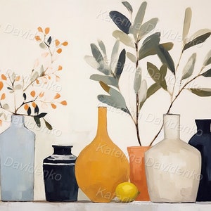 May include: A still life painting featuring a variety of vases and plants. The vases are in shades of blue, yellow, white, and black. The plants include a leafy green branch and a branch with small orange flowers. There are also three yellow lemons on the table.